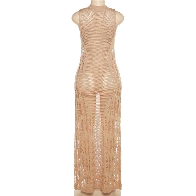 Open Knit Distressed Crochet Mesh Sleeveless Bodycon Maxi Dress - View 5