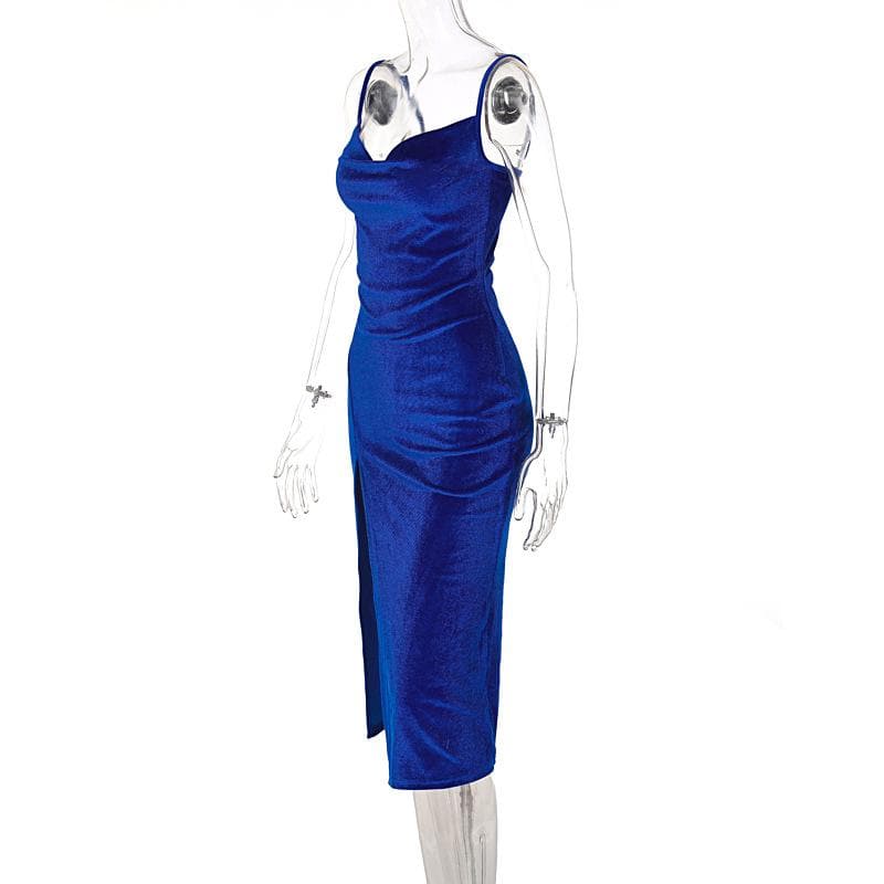 Sleeveless velvet slit cowl neck backless cami midi dress - View 5
