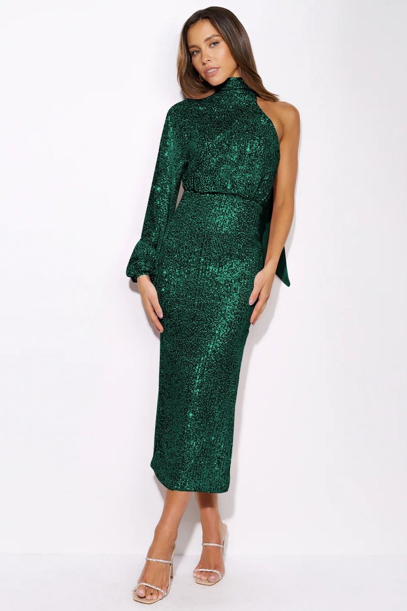 Sequin High Neck One Shoulder Long Sleeve Bodycon Midi Dress - View 5
