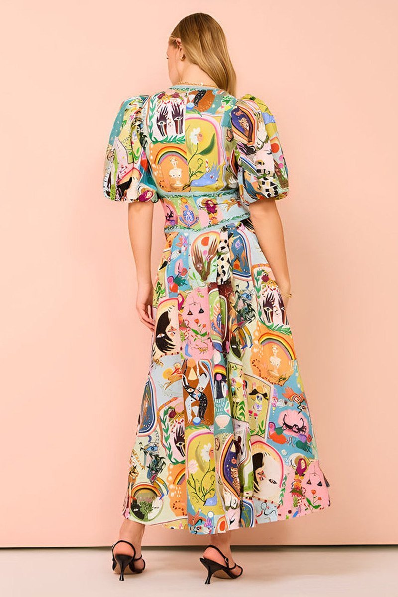Artistic Print Deep V-Neck Puff Sleeve Button Front Midi Dress 3