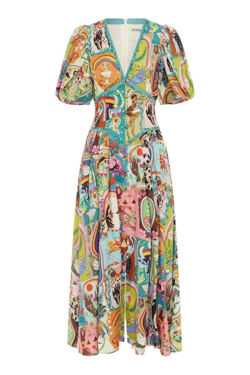 Artistic Print Deep V-Neck Puff Sleeve Button Front Midi Dress 4