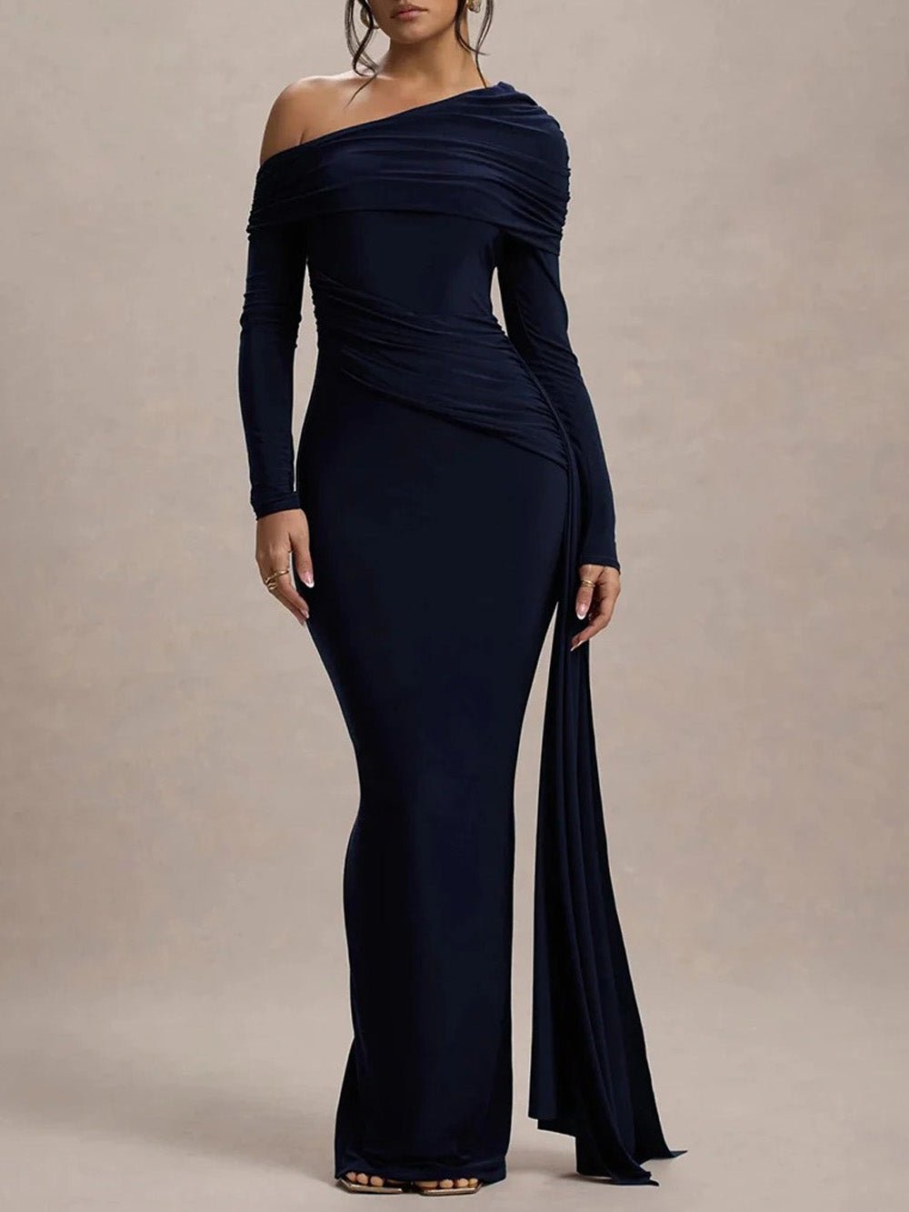 One Shoulder Long Sleeve Ruched Draped Bodycon Maxi Gown
