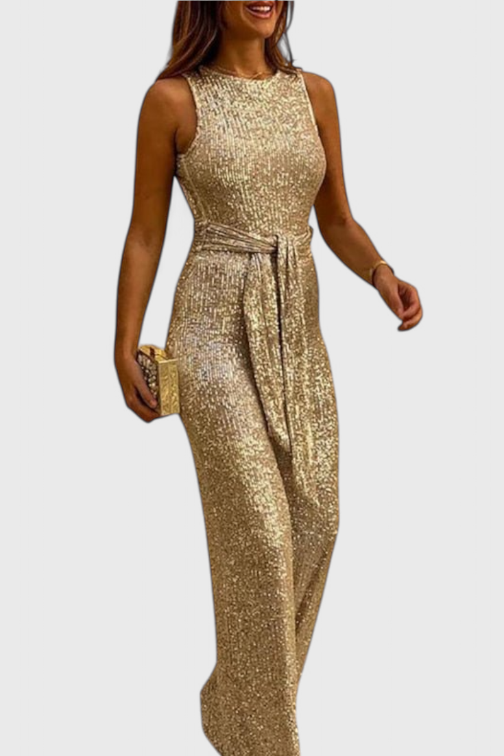 Round Neck Sleeveless Sequin Tie Waist Wide Leg Jumpsuit 3