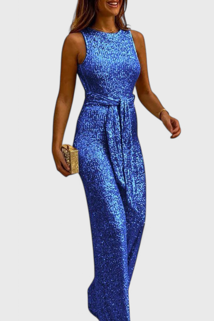Round Neck Sleeveless Sequin Tie Waist Wide Leg Jumpsuit 4