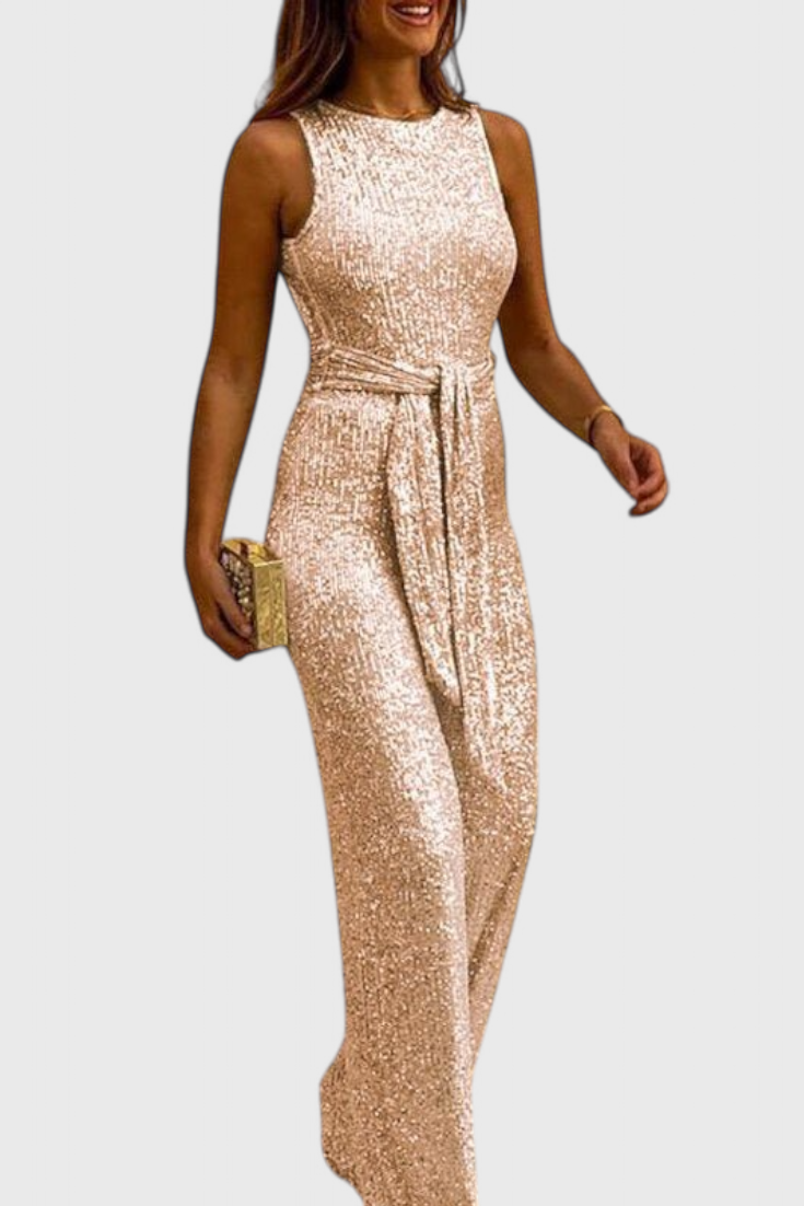 Round Neck Sleeveless Sequin Tie Waist Wide Leg Jumpsuit