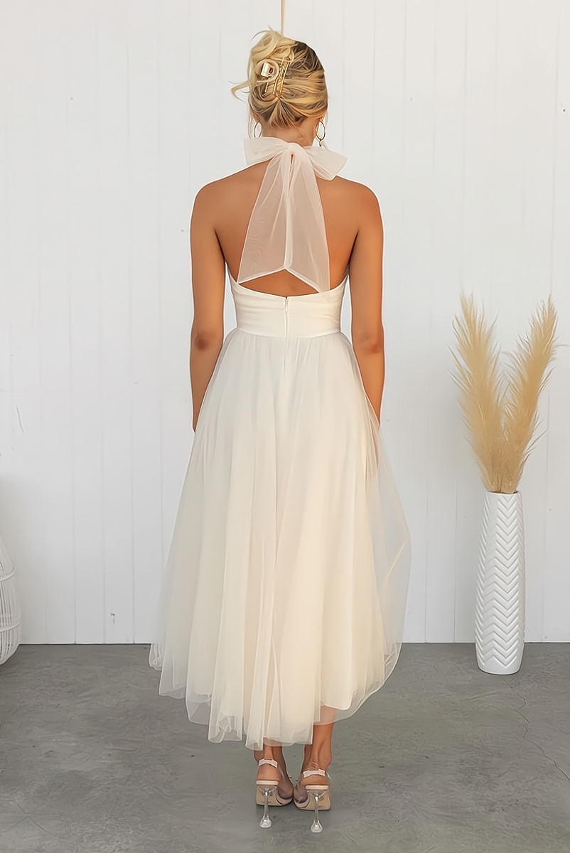 Tulle Halter Neck Bow Back Ruched Waist A-Line Midi Dress - View 3