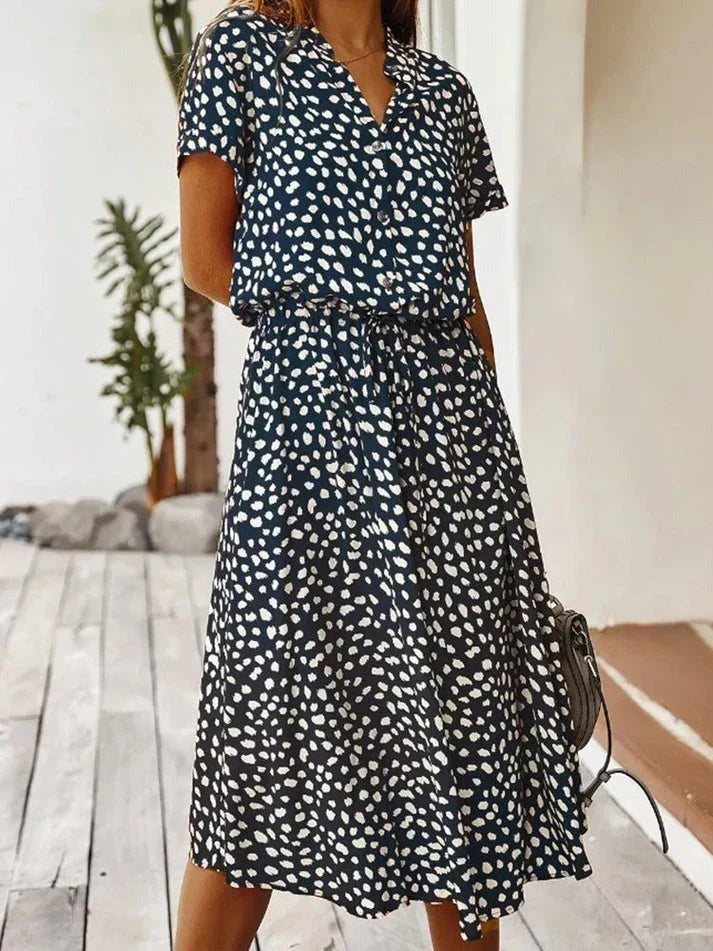 Animal Print Collared Short Sleeve Drawstring Midi Shirt Dress 12