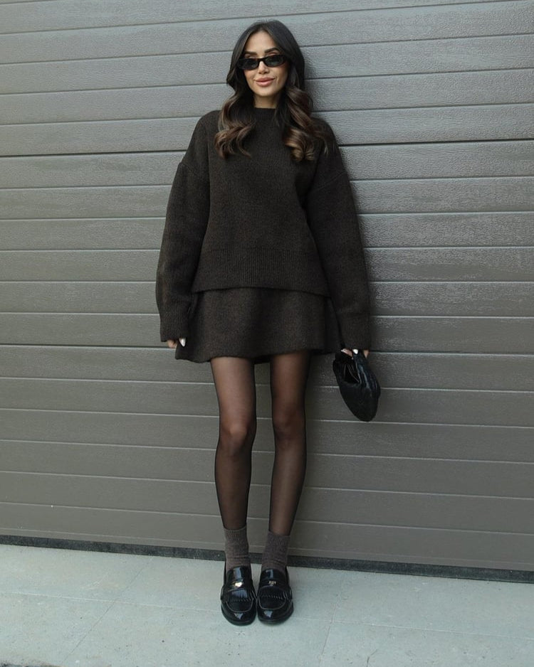 Crew Neck Oversized Knit Sweater and Mini Skirt Two Piece Set 24