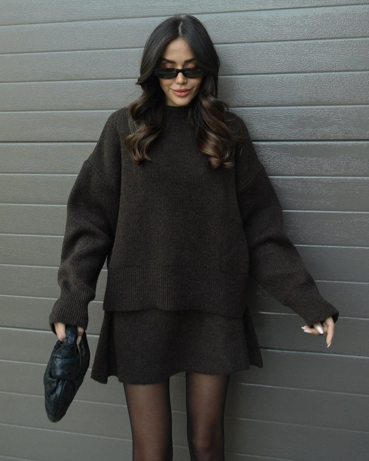 Crew Neck Oversized Knit Sweater and Mini Skirt Two Piece Set 25