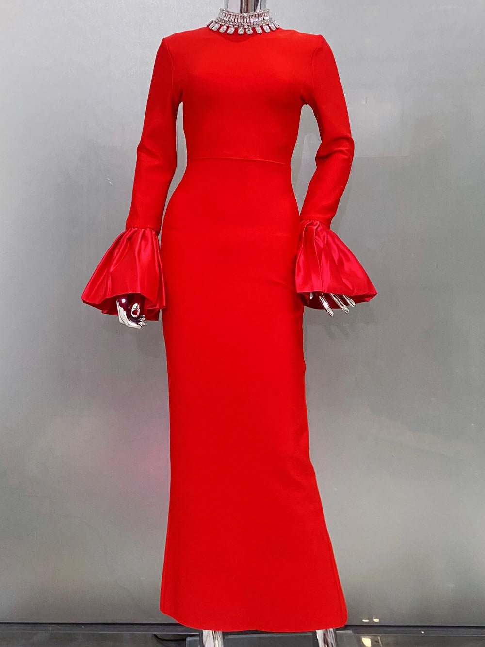 Rhinestone Collar Mock Neck Long Sleeve Satin Column Maxi Gown - View 5