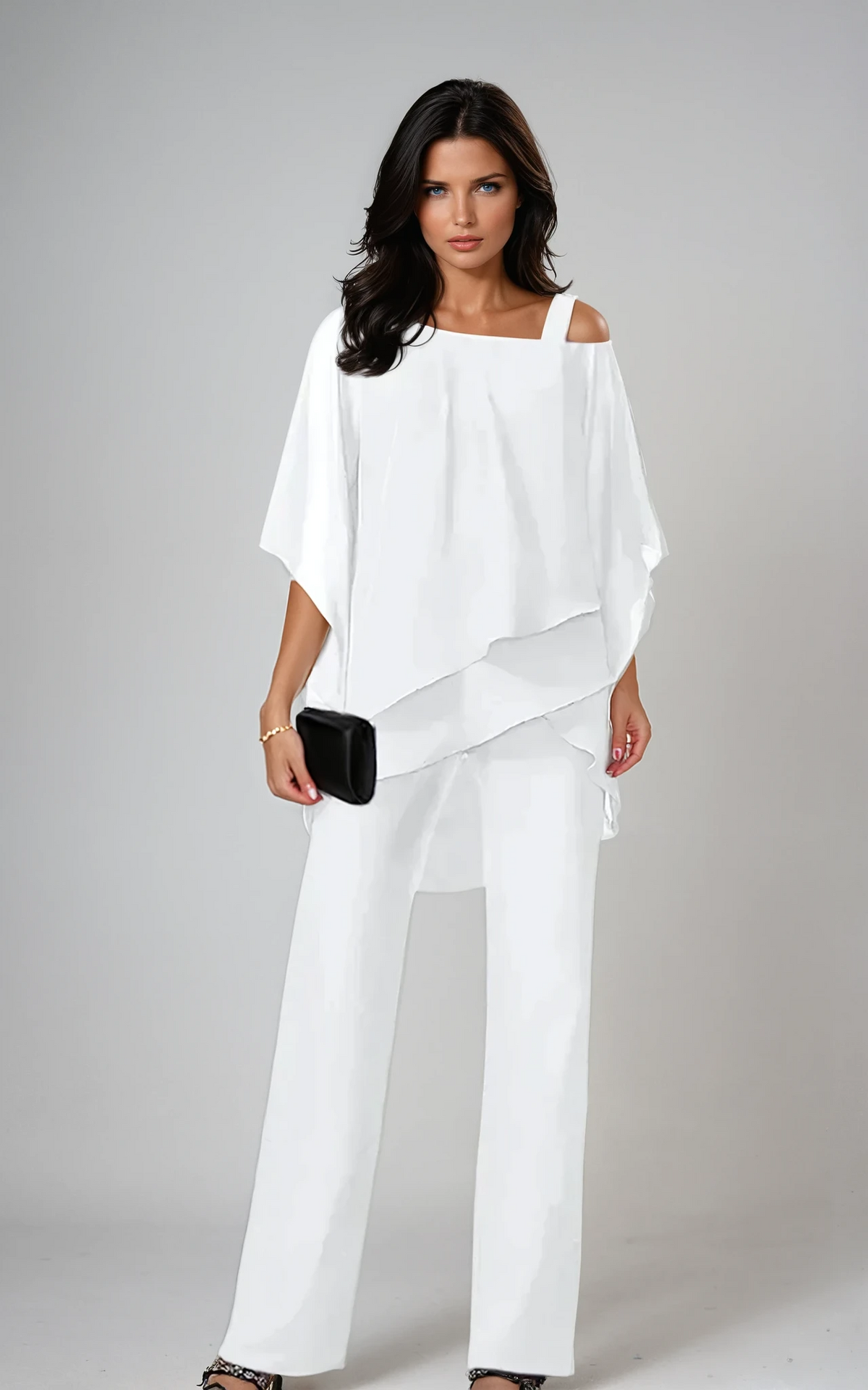 Cold Shoulder Layered Chiffon Top and Pants Two Piece Set 2