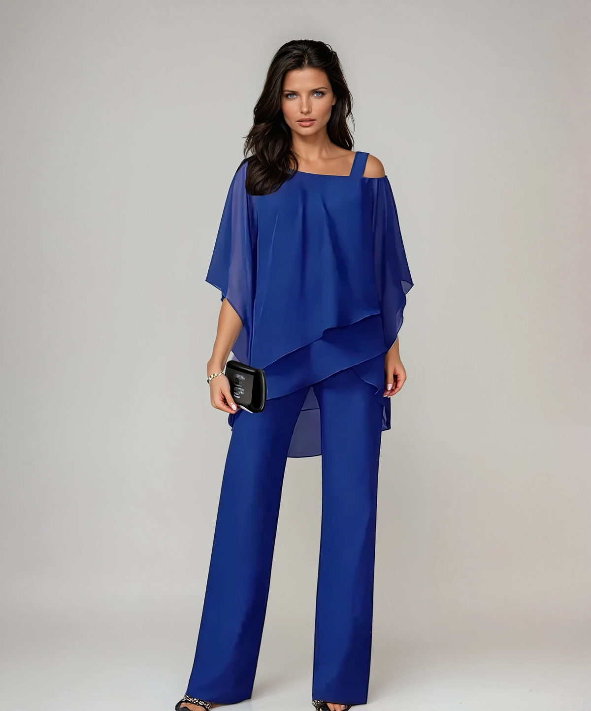 Cold Shoulder Layered Chiffon Top and Pants Two Piece Set 4