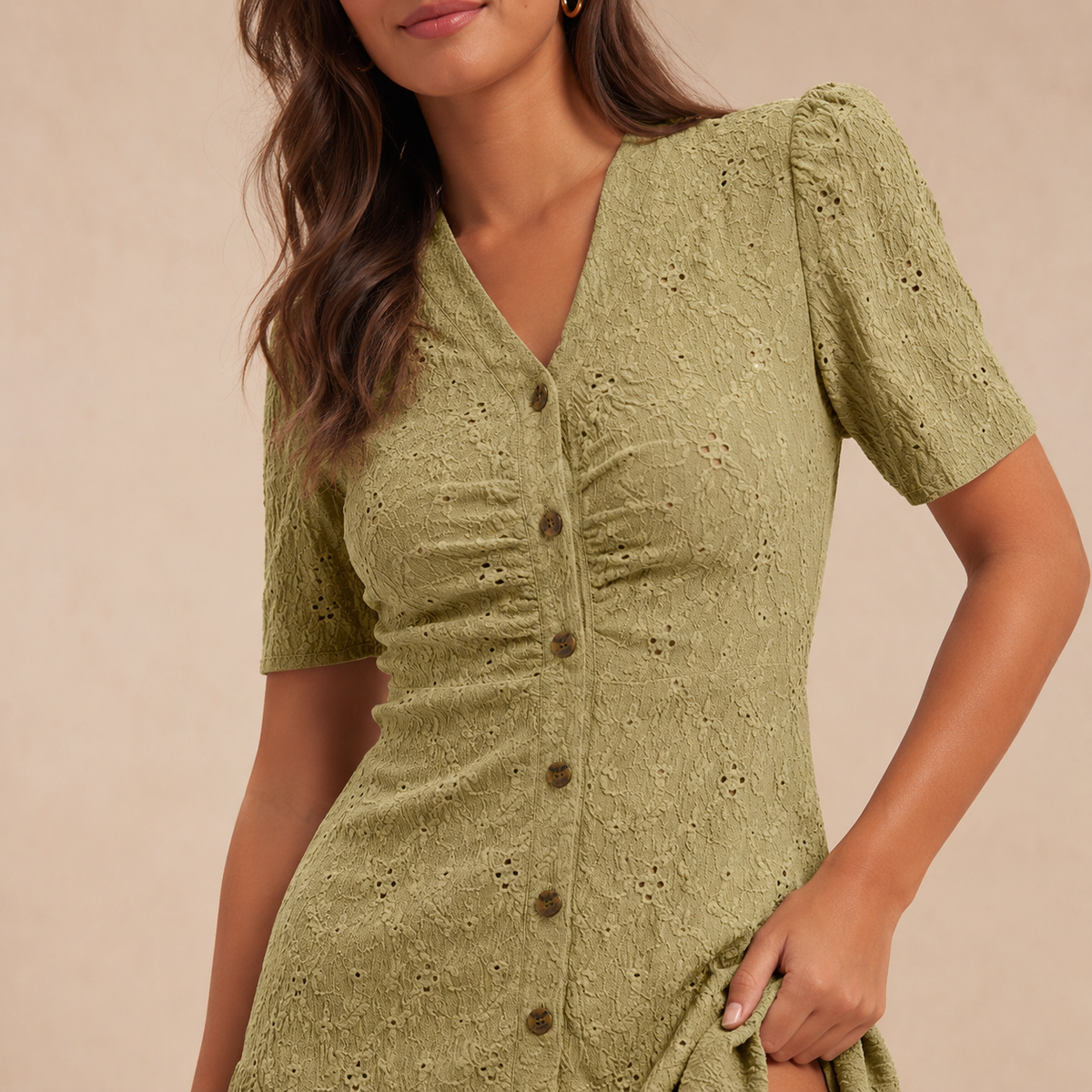 V-Neck Button Front Eyelet Ruffle Hem Mini Dress 11