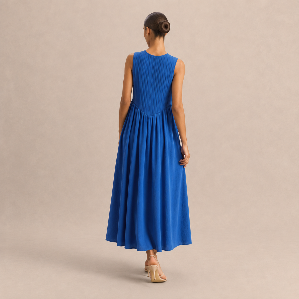 Crew Neck Sleeveless Pintuck A-Line Maxi Dress 3