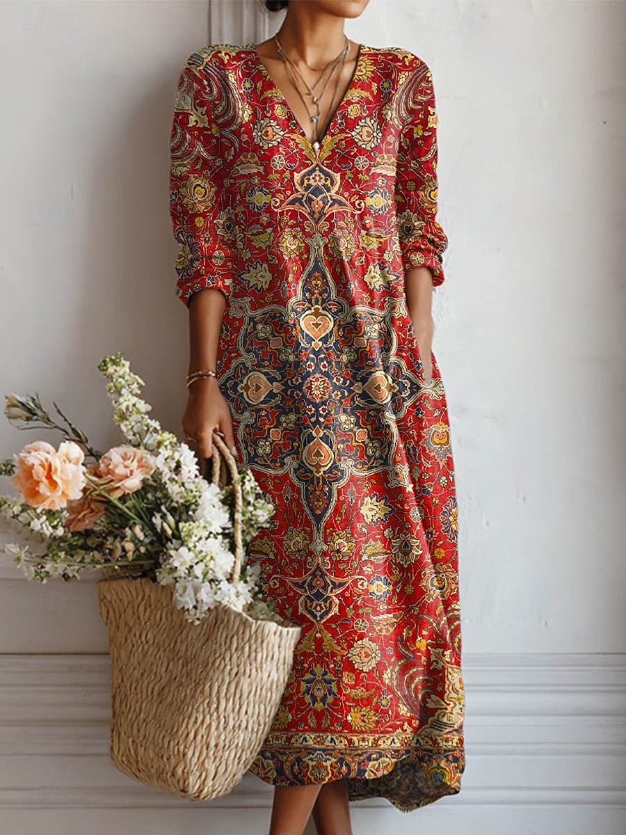 Paisley Print V-Neck Long Sleeve Bohemian Maxi Dress