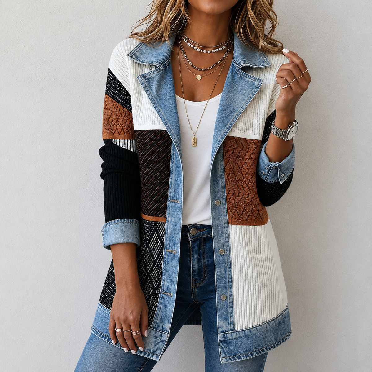 Denim Contrast Ribbed Knit Button Front Cardigan 3