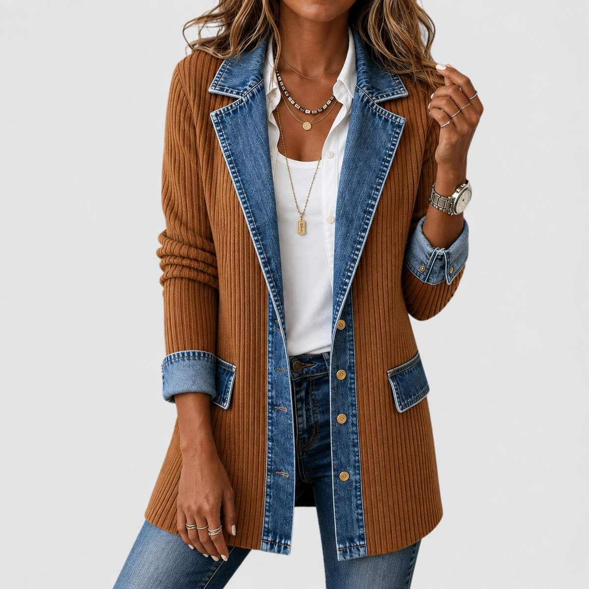 Denim Contrast Ribbed Knit Button Front Cardigan 5