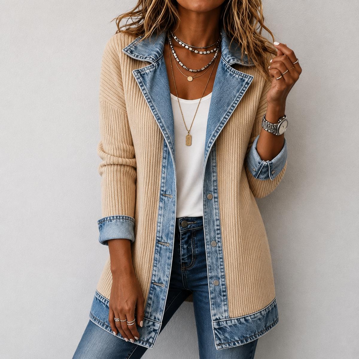 Denim Contrast Ribbed Knit Button Front Cardigan 8