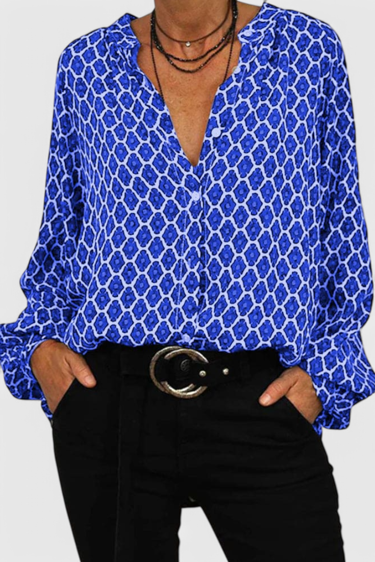 Geometric Print Button Front Long Sleeve Blouse 5