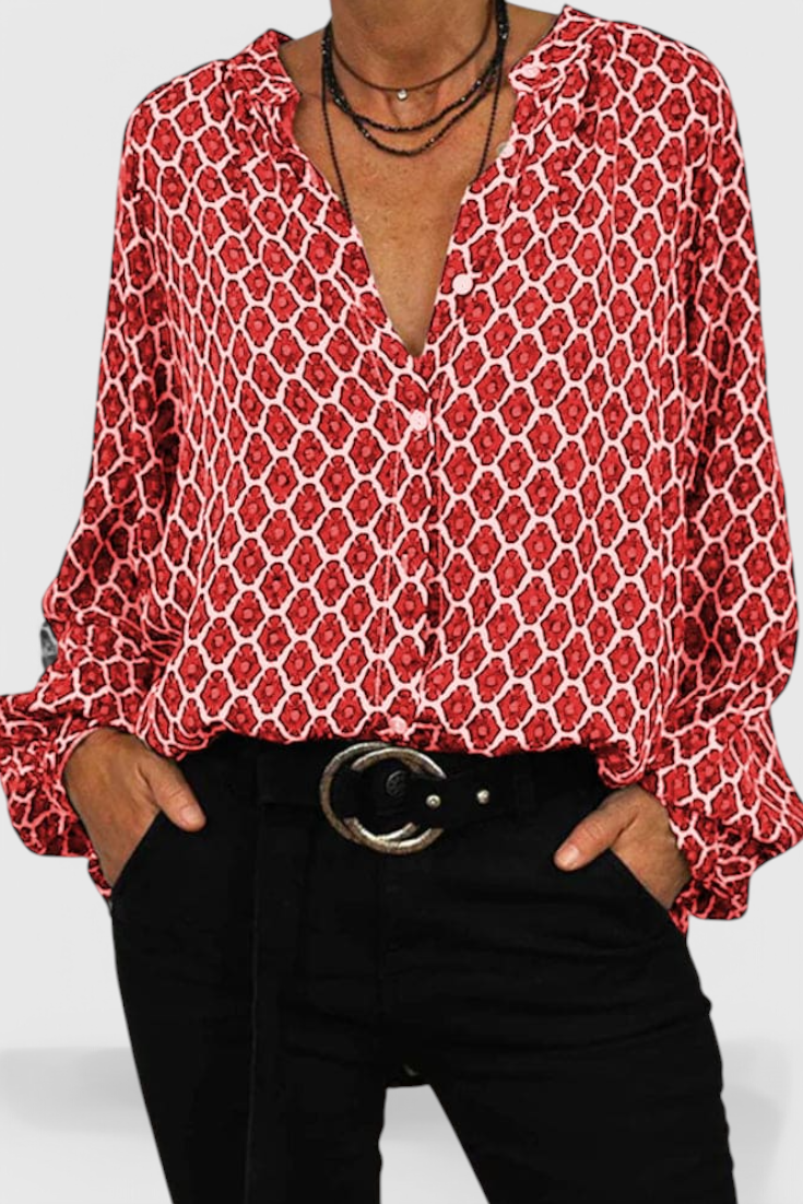 Geometric Print Button Front Long Sleeve Blouse 4