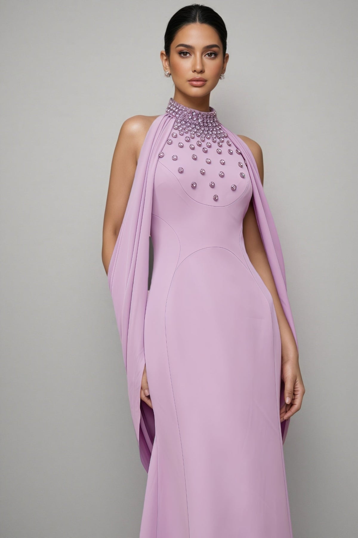 Beaded Floral Mock Neck Cape Sleeve Column Maxi Gown - View 6
