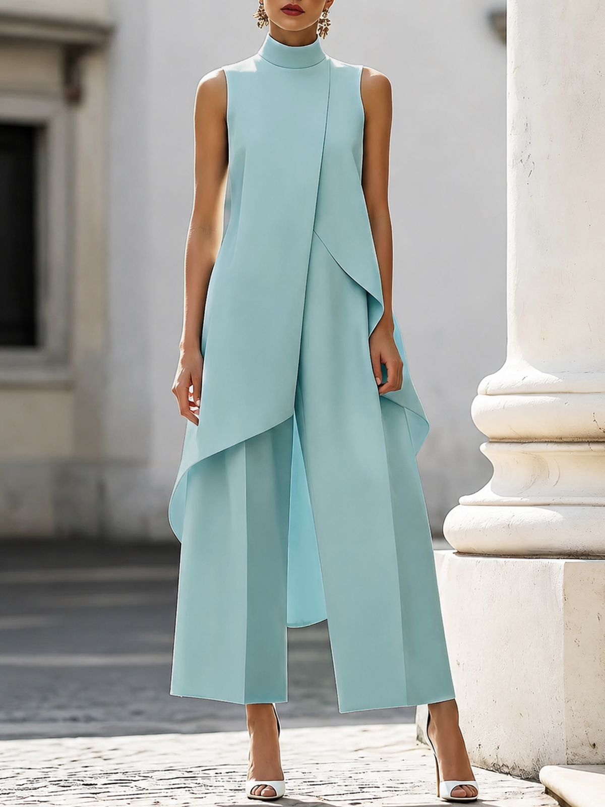 Sleeveless Mock Neck Draped Top and Wide Leg Pants Two Piece Set 7
