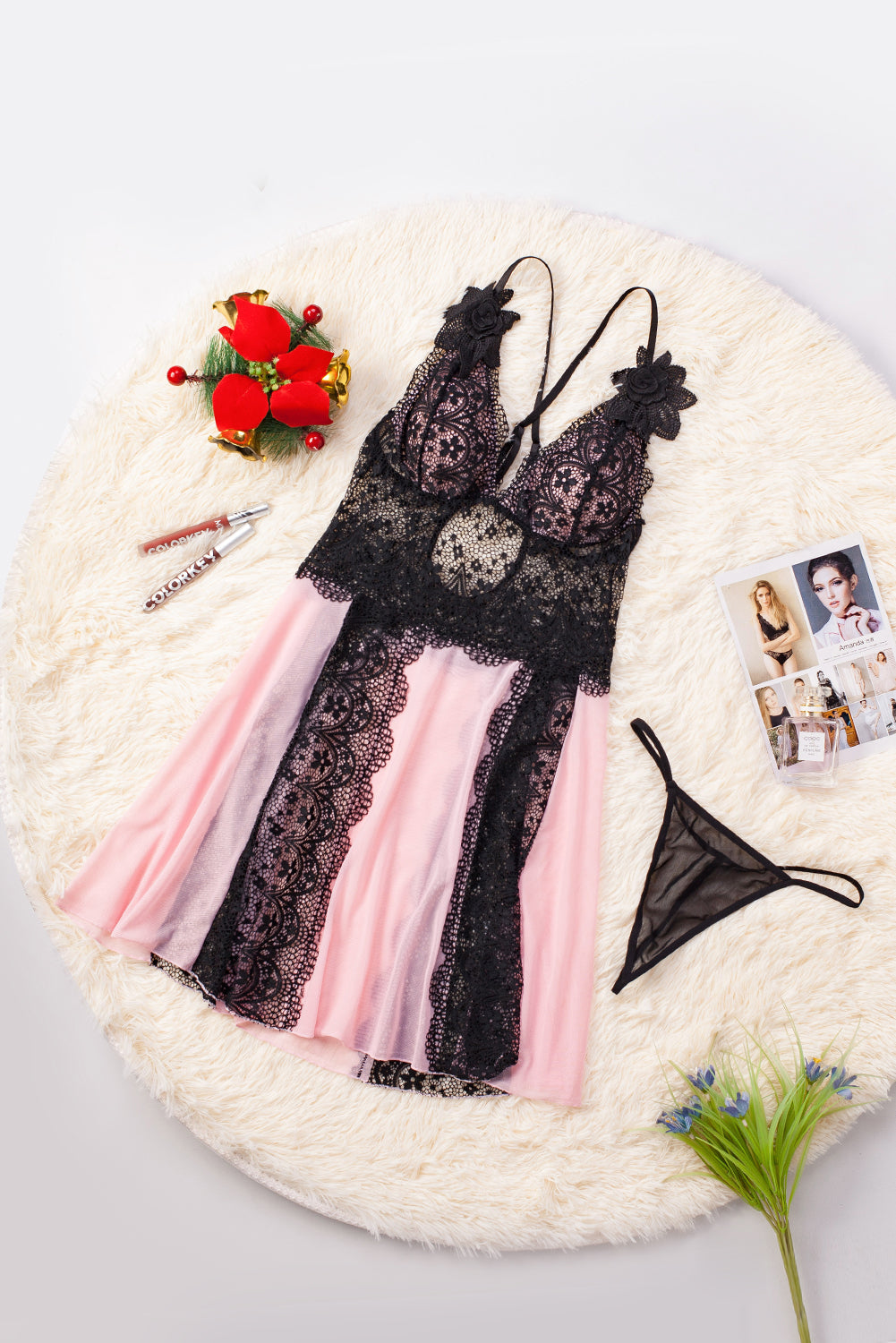 Floral Lace Spaghetti Strap Scalloped V-Neck Vertical Panel Gown - View 15