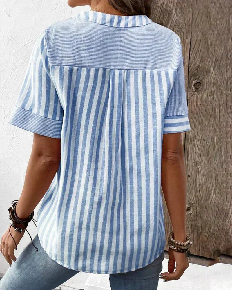 Striped Colorblock Notch Neck Button Short Sleeve Blouse 6