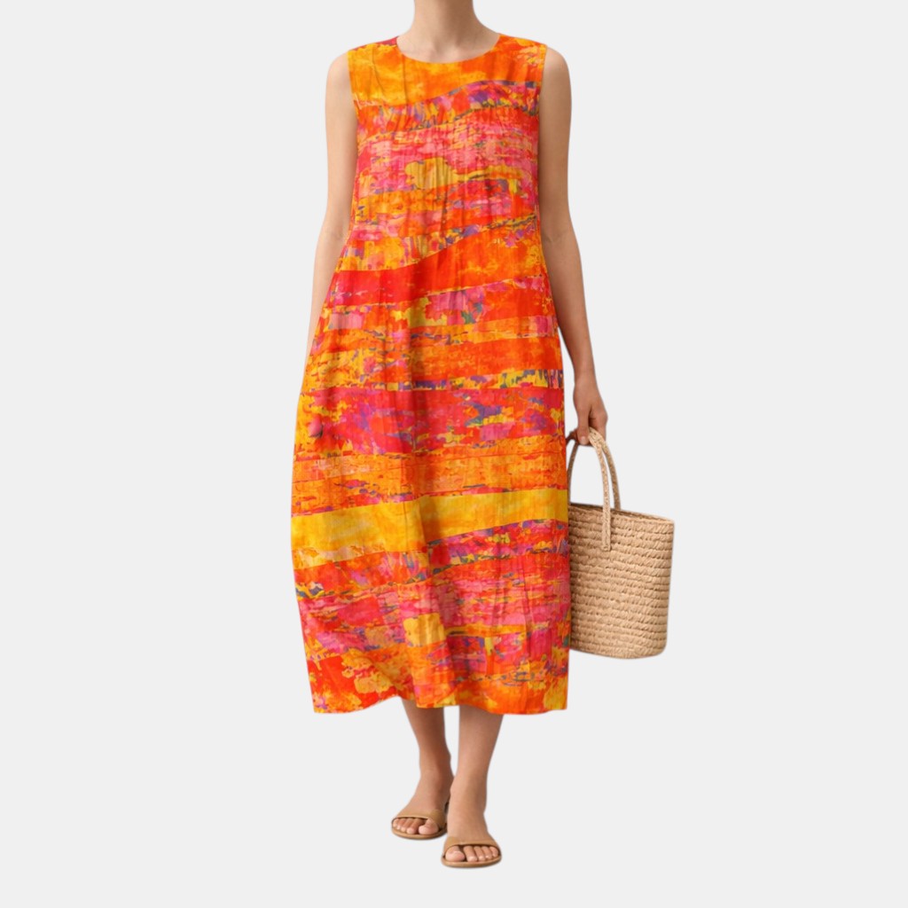 Tie Dye Print Round Neck Sleeveless Pocket Midi Dress 2