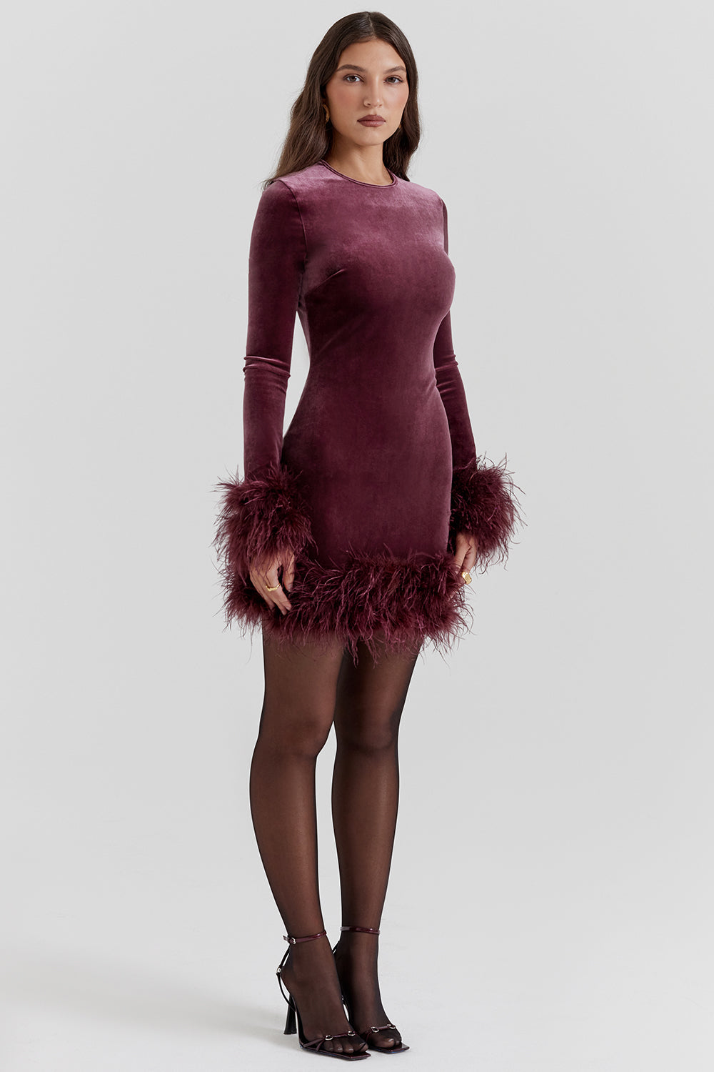 Velvet Crew Neck Long Sleeve Feather Trim Bodycon Mini Dress 9