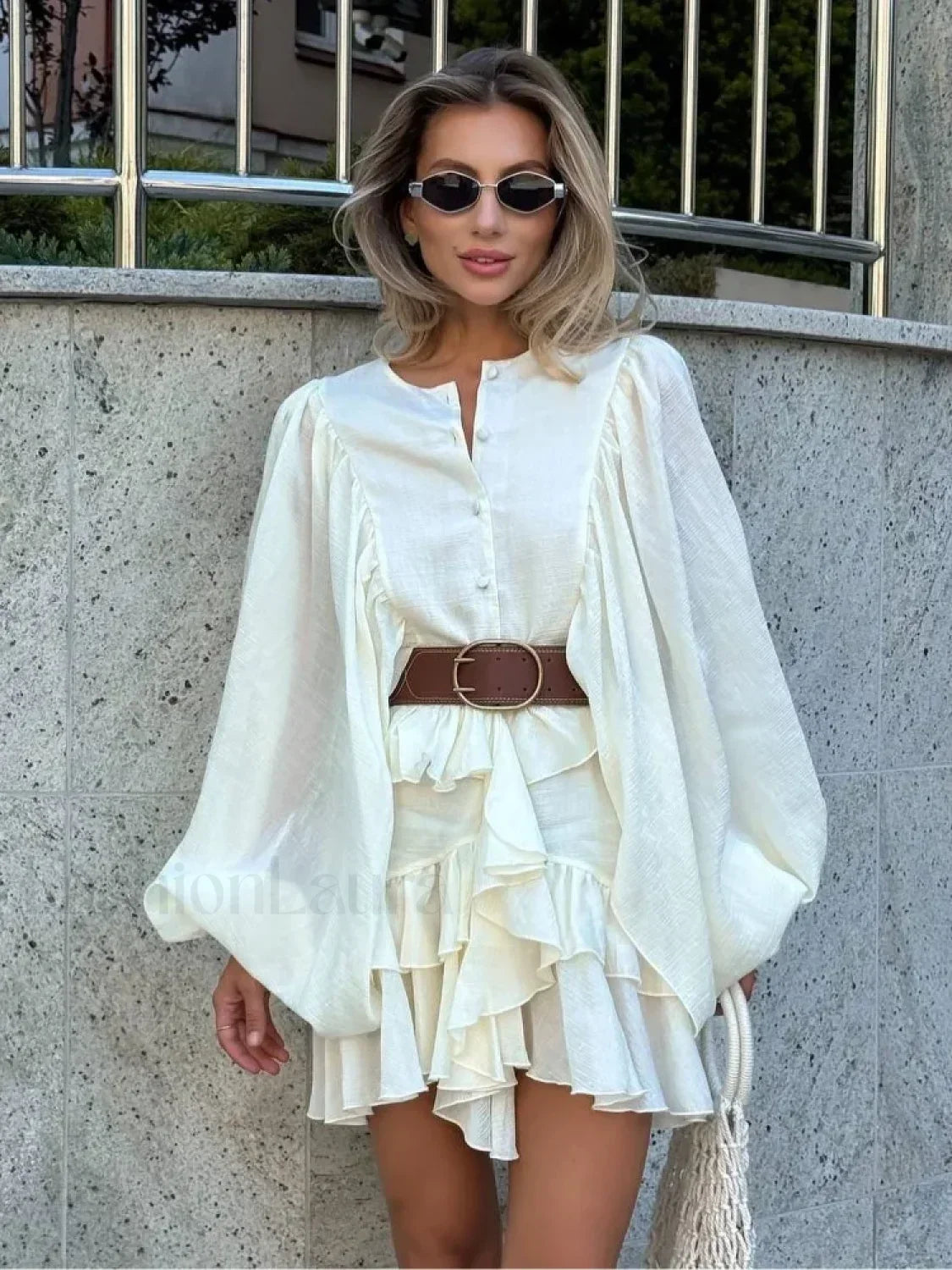Long Sleeve Button Front Tiered Ruffle Mini Dress