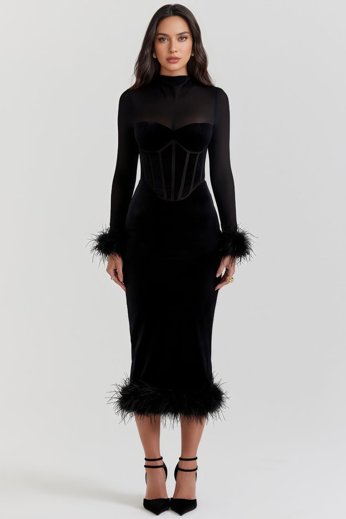 Kaci Black Velvet Midi Dress