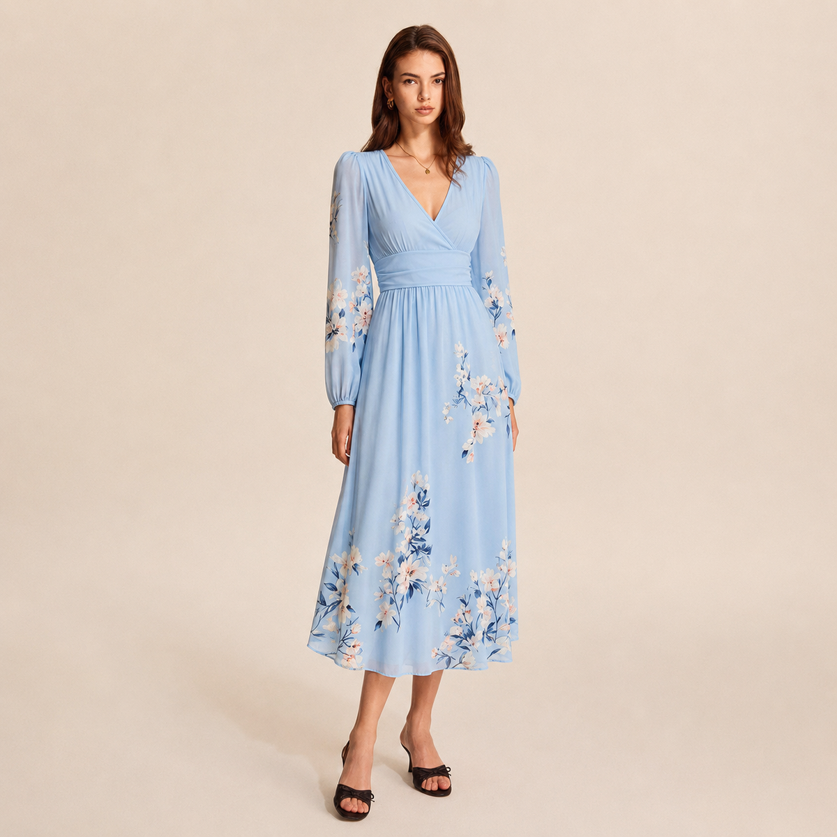 Floral V-Neck Long Sleeve Pleated Chiffon Maxi Dress 4