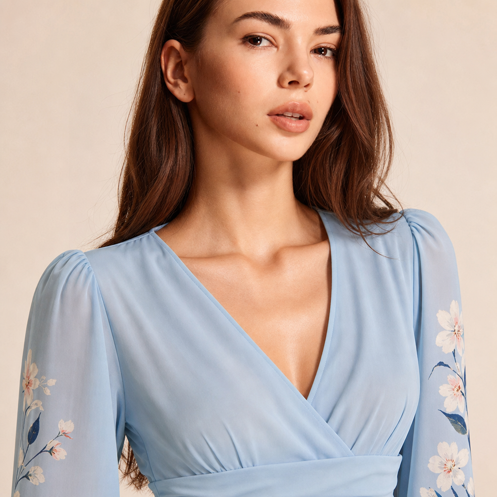 Floral V-Neck Long Sleeve Pleated Chiffon Maxi Dress 5