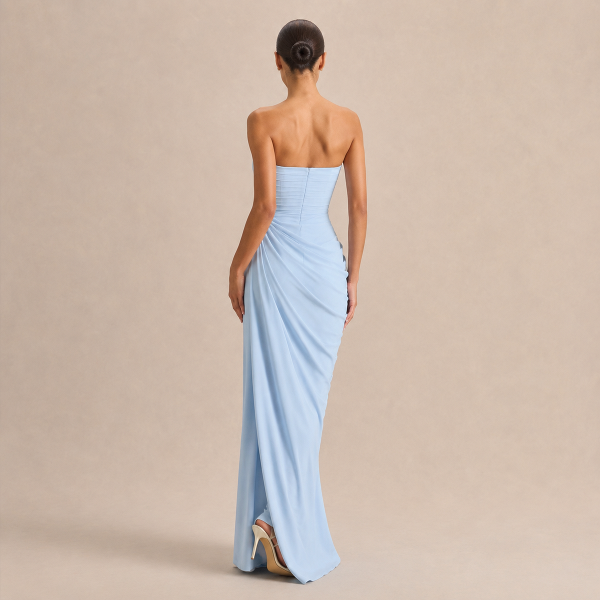 Strapless Ruched Draped High Split Maxi Gown 12
