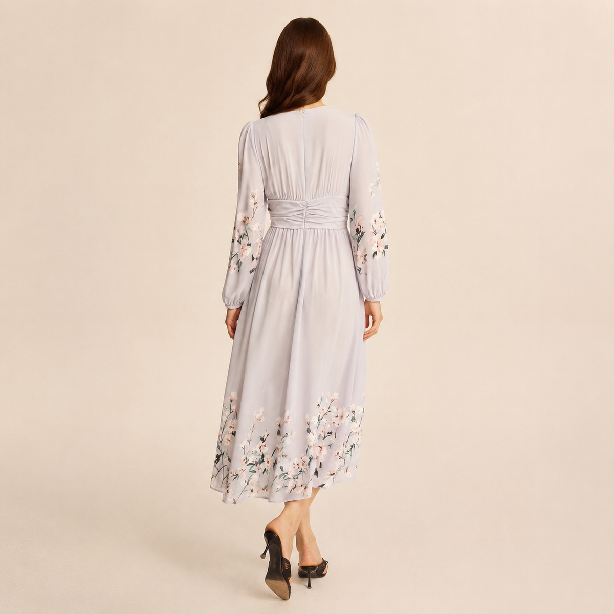 Floral V-Neck Long Sleeve Pleated Chiffon Maxi Dress 15