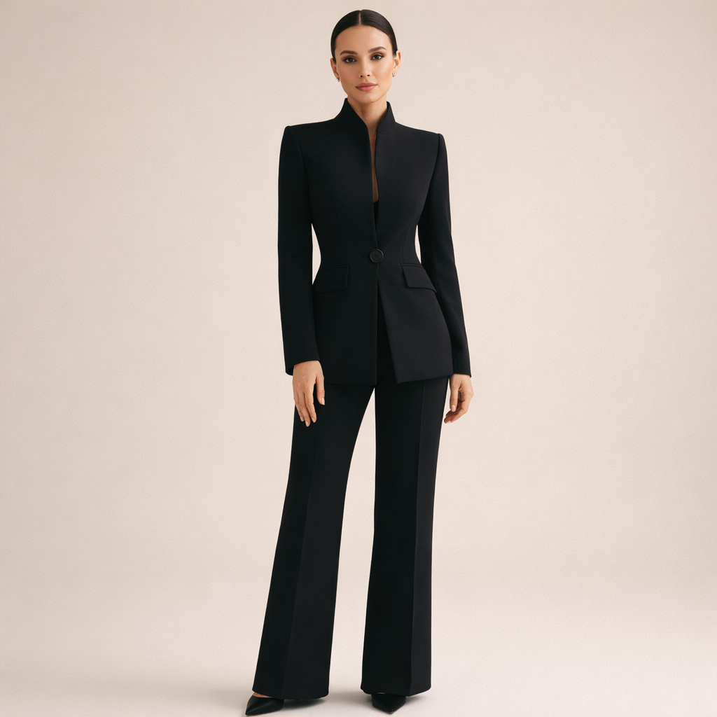 Stand Collar Single Button Blazer and Flare Pants Two Piece Set 2