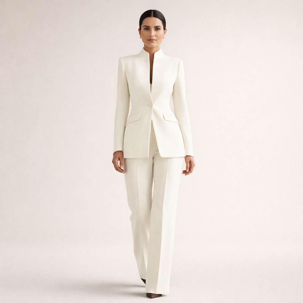 Stand Collar Single Button Blazer and Flare Pants Two Piece Set 3