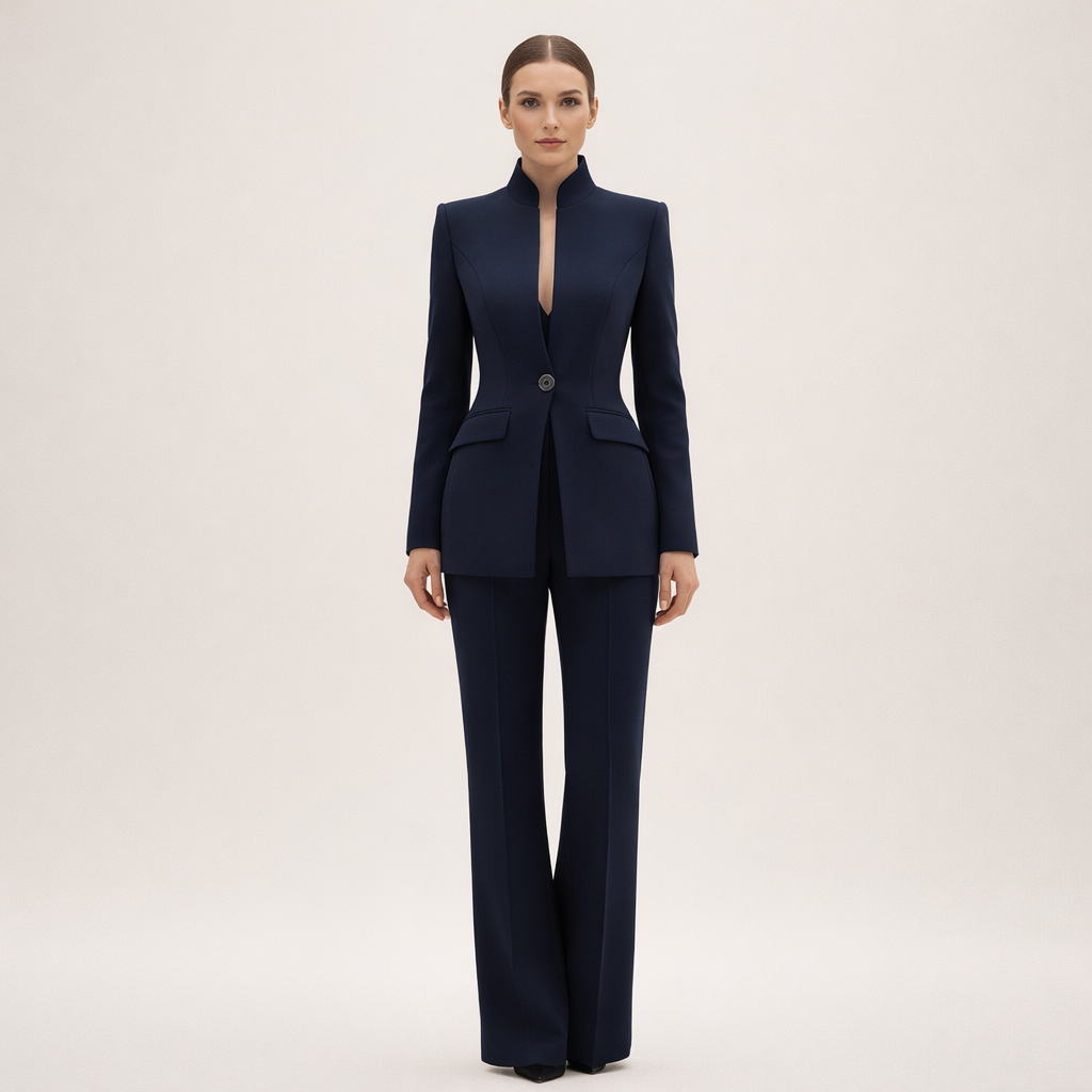 Stand Collar Single Button Blazer and Flare Pants Two Piece Set 4