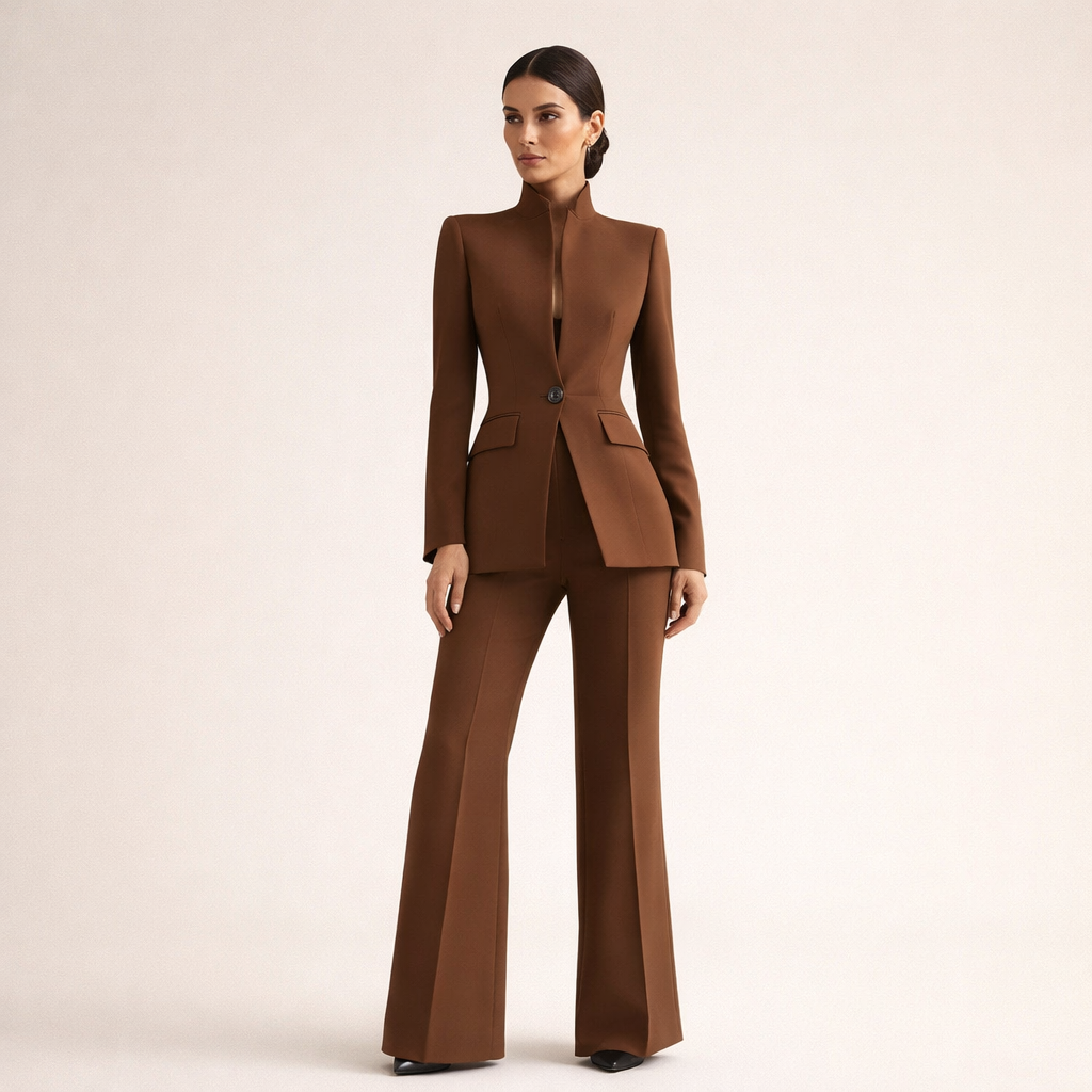 Stand Collar Single Button Blazer and Flare Pants Two Piece Set 5