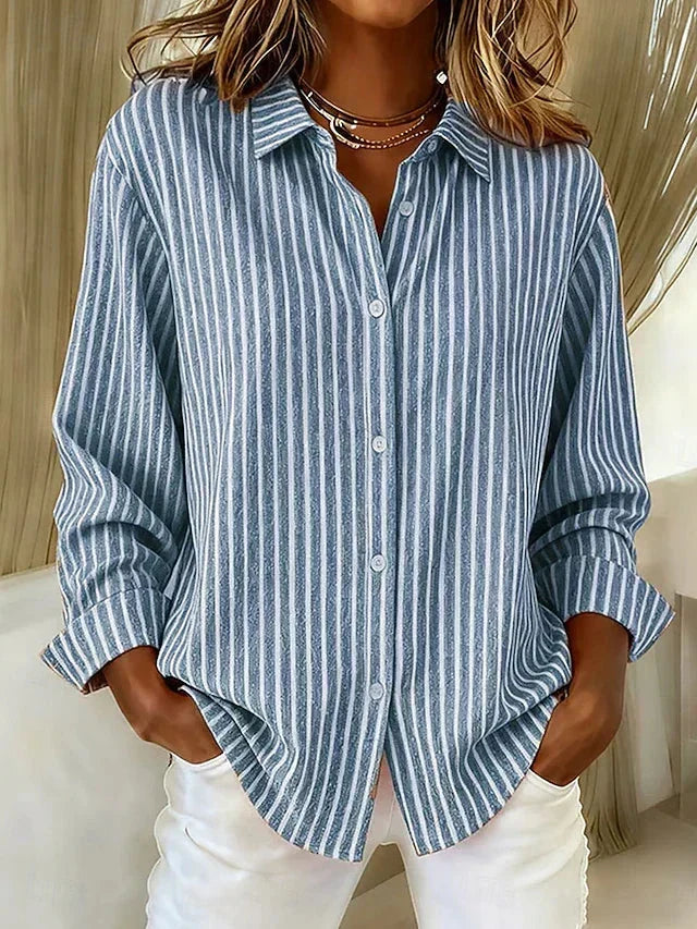 Collared Long Sleeve Striped Button Front Shirt 2