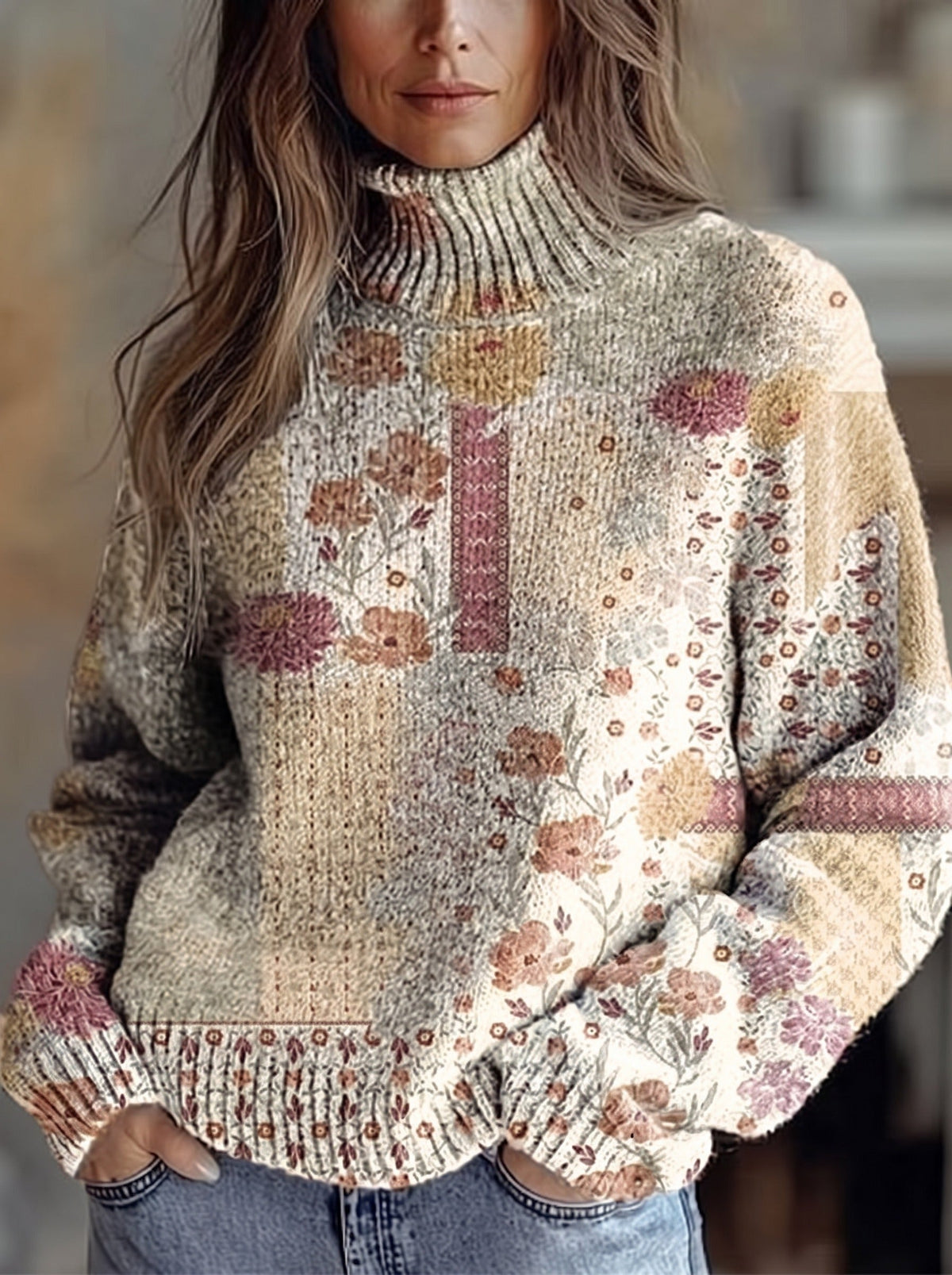 Turtleneck Patchwork Floral Print Long Sleeve Sweater