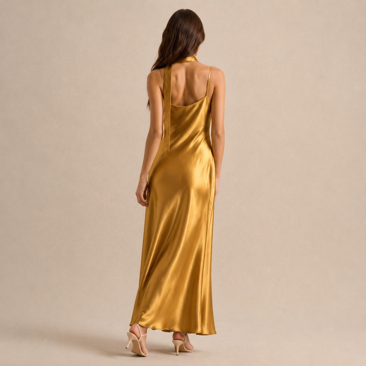 Scarf Neck V-Neck Satin Bias Slip Maxi Dress 23