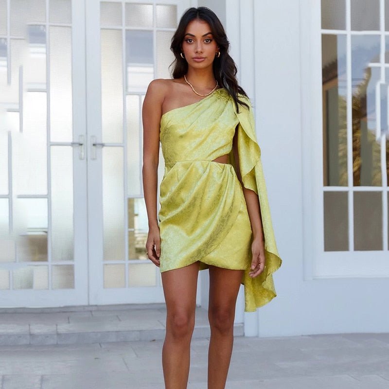 One Shoulder Cut Out Draped Wrap Tie Hip Satin Mini Dress - View 2