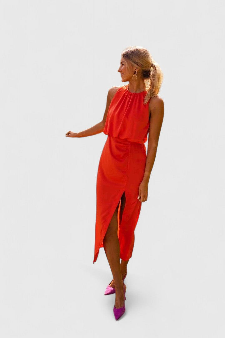 Sleeveless High Neck Gathered Waist Split Maxi Dress 6