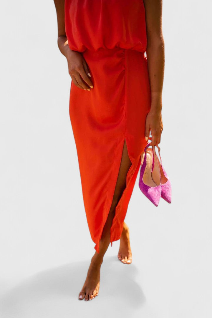 Sleeveless High Neck Gathered Waist Split Maxi Dress 9