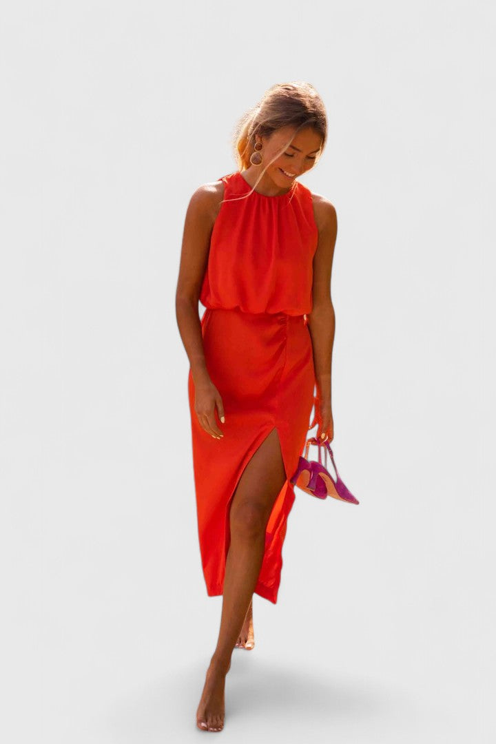 Sleeveless High Neck Gathered Waist Split Maxi Dress 10