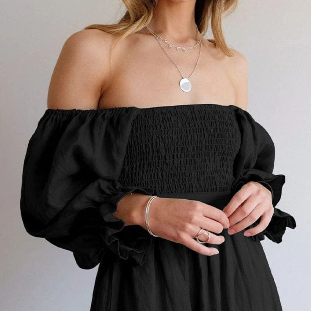 Smocked Off Shoulder Puff Sleeve Ruffle Cuff Flowy Summer Midi Dress - View 3