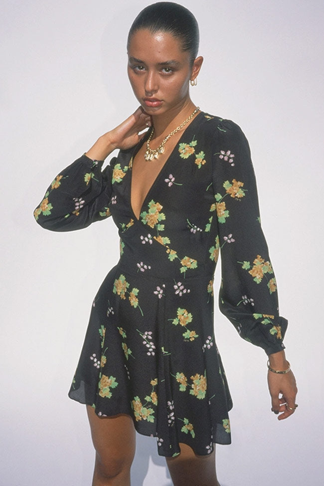 Floral Deep V-Neck Long Sleeve Fit and Flare Mini Dress