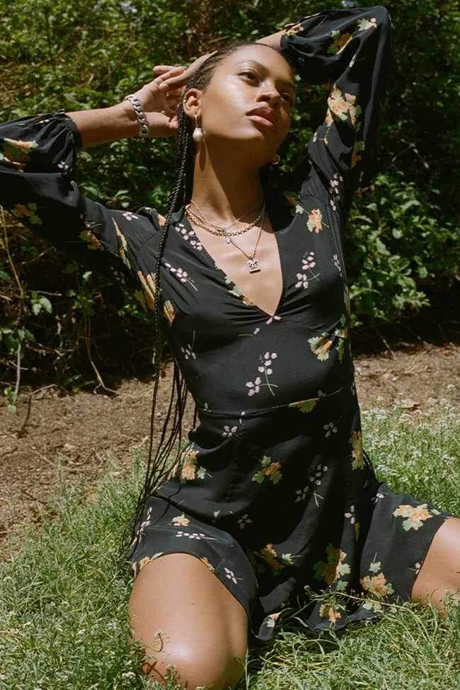 Floral Deep V-Neck Long Sleeve Fit and Flare Mini Dress - View 3